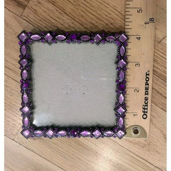 VTG Y2K Jeweled 3x3 Square Picture Frame Pewter Amethyst Lavender Rhinestones - Picture 7 of 16